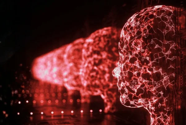 Digital human profile formed by glowing red data networks