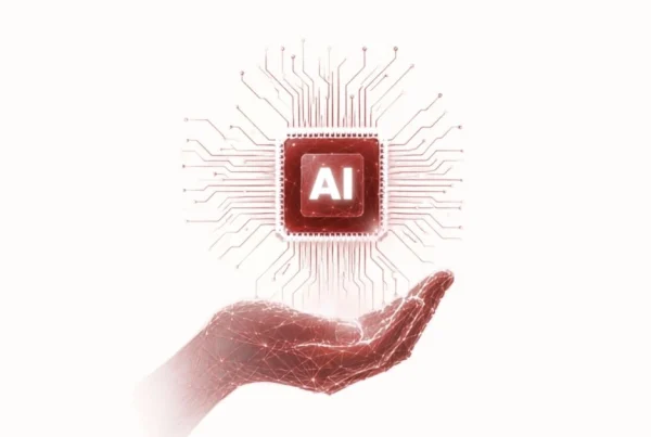 Digital hand holding an AI microchip, representing the connection between artificial intelligence, technology, and business strategy