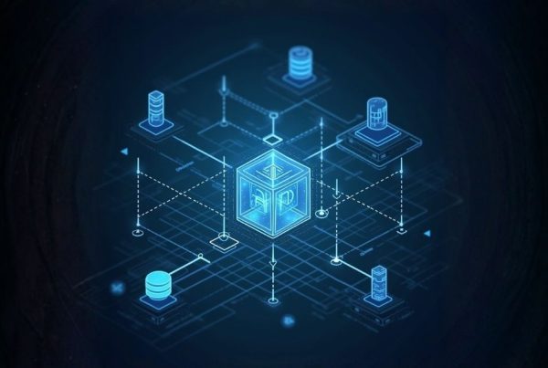 Digital network diagram with a central cube connected to multiple data servers