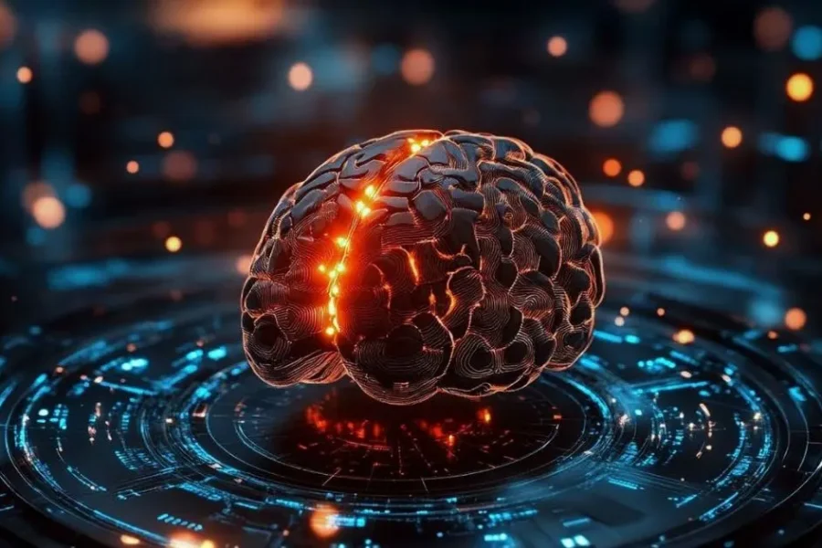 Futuristic digital brain with glowing neural connections on a technology interface
