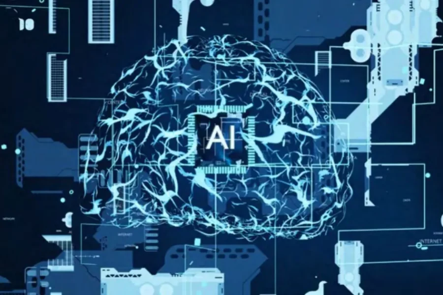 Digital illustration of a human brain with neural connections and an AI microchip