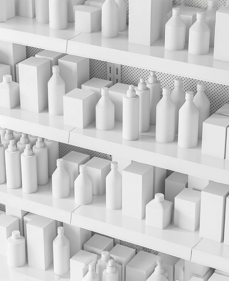 Shelves displaying a variety of product bottles and packaging