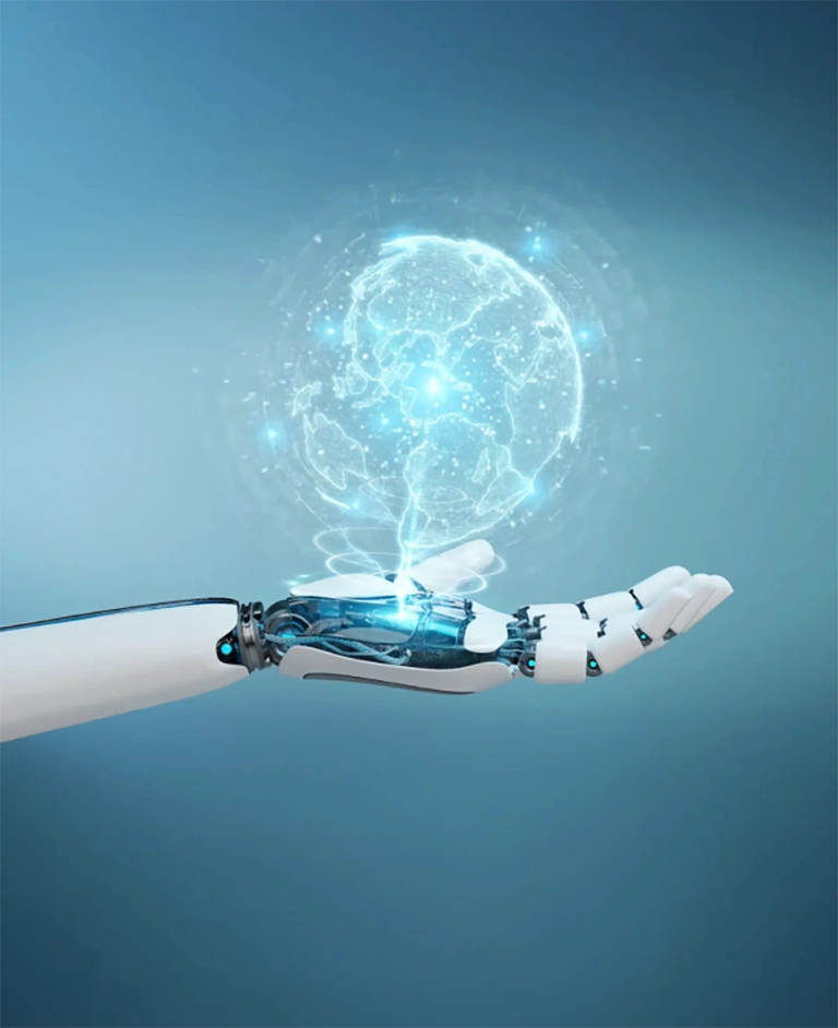 Robotic hand projecting a digital globe