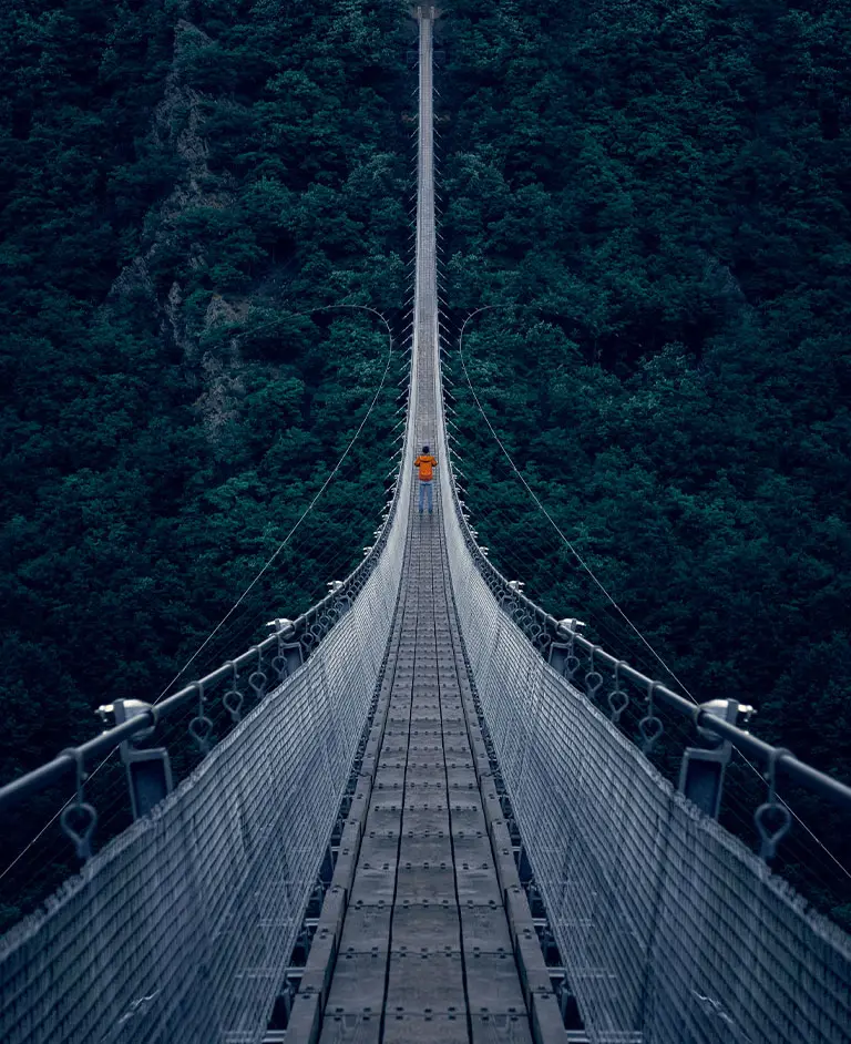 Person walking across a long suspension bridge surrounded by forest