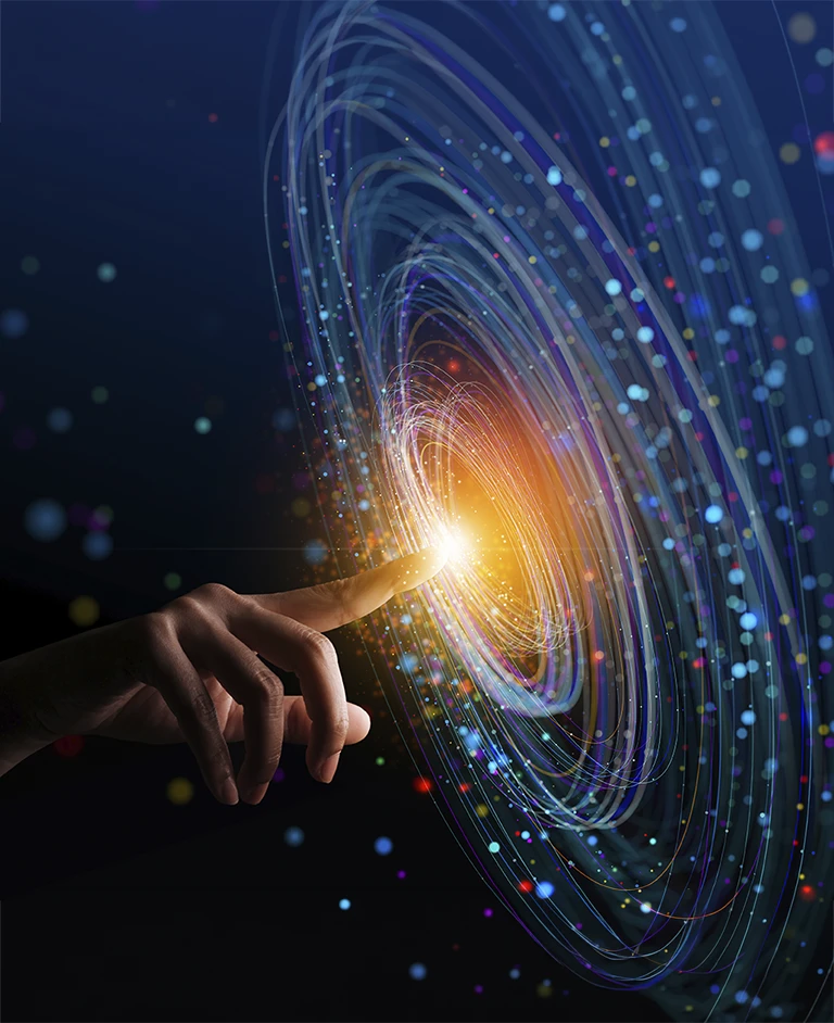 Hand touching a glowing digital interface with swirling data streams