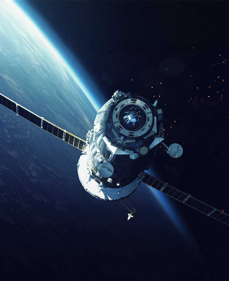 Satellite orbiting Earth with solar panels extended