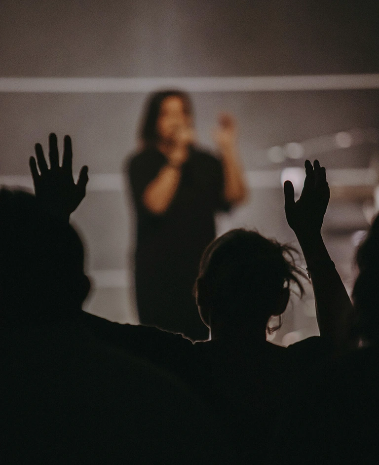 Membros da plateia levantando as mãos durante uma apresentação