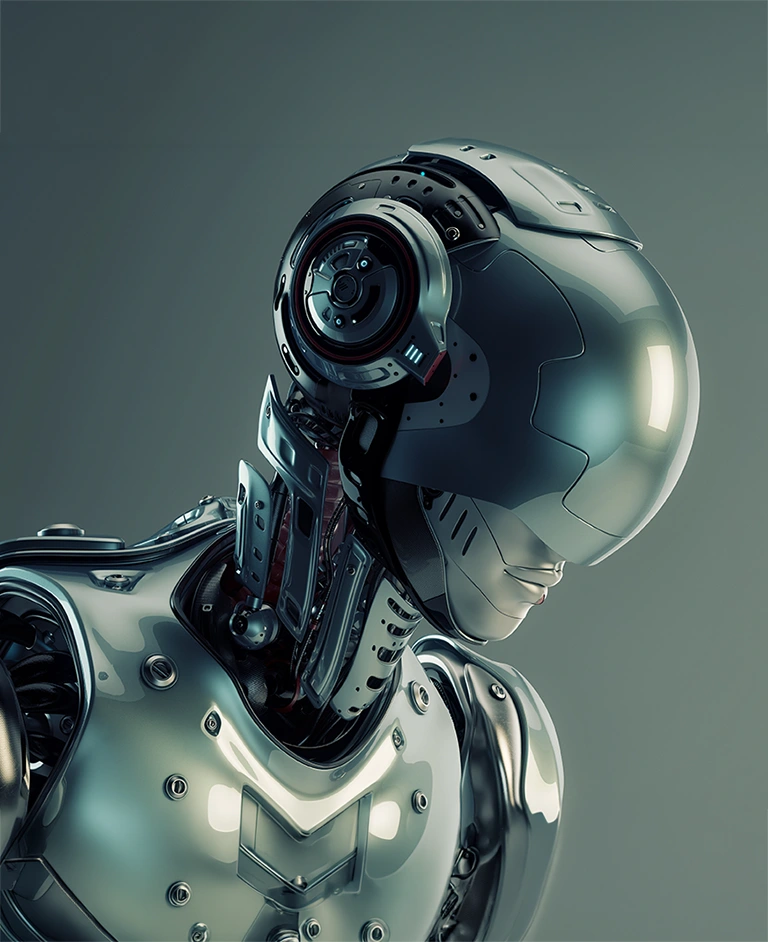 Futuristic humanoid robot with exposed mechanical components